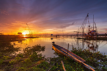 Fototapeta premium Fishing tools of fisherman in the morning at Huai Luang dam, Udonthani province, Thailand.