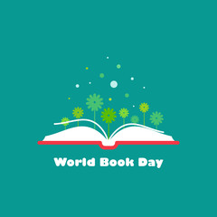 World book day card. Open book with green flowers sprigs. Flat reading icon isolated on turquoise background.