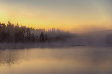 Foggy morning sunrise by the lake