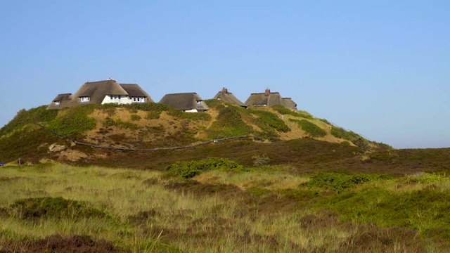 Reetdach H&auml;user auf  Sylt mit D&uuml;nen Landschaft 
