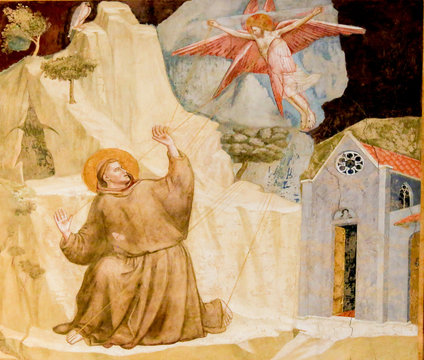 Fototapeta Famous Painting by Giotto of Saint Francis Receiving the Stigmata in the Bardi Chapel, Santa Croce Basilica, Florence, Italy