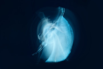 The photo as art - a sensual and emotional dance of beautiful ballerina through the veil on a dark...