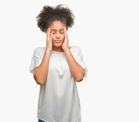 Fototapeta na wymiar Young afro american woman over isolated background with hand on head for pain in head because stress. Suffering migraine.