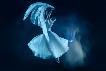 The photo as art - a sensual and emotional dance of beautiful ballerina through the veil on a dark background. A stroboscopic image of the one model