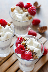 Raspberries and yogurt chia pudding parfait