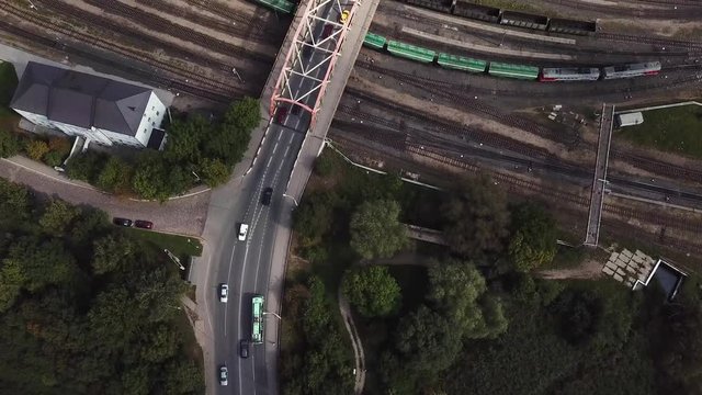 Aerial: The bridge over freight trains depot