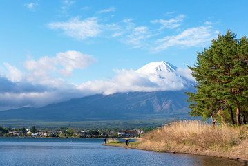 Mountain fuji and clouds and lake kawaguchi at morning at yamanachi in Japan . - 220966506