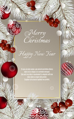 Christmas card with balls and fir branches with space for text. Vector Christmas design for greeting card, party invitation, holiday sales.