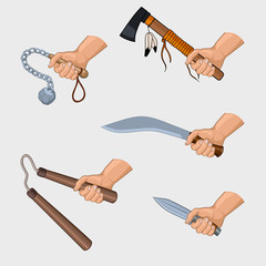 hand holding different cold weapons, vector set