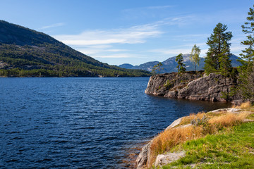 Wonderful landscape in Telemark region - fjord and stony coast covered with the forest, Southern Norway