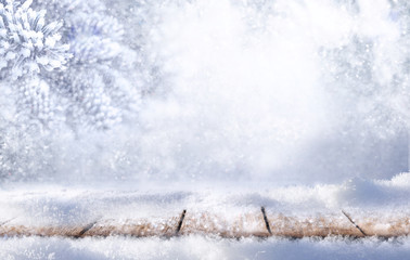 Winter christmas scenic background with copy space. The wooden flooring was strewn with snow in the...