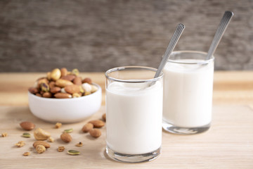 Yogurt in two glasses with dried fruit is a healthy breakfast.