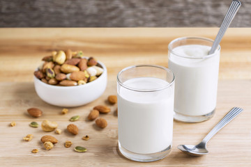 Yogurt in two glasses with dried fruit is a healthy breakfast.