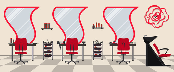 Interior of a hairdressing salon in a red color. Beauty salon. There are tables, chairs, a bath for washing the hair, mirrors, hair dryer in the picture. There is a clock in the form of a rose here - obrazy, fototapety, plakaty