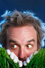 Close-up of Mad Scientist Wearing Plastic Gloves and Searching Through Grass