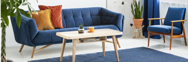 Panorama of armchair next to blue couch with pillows in living room interior with table. Real photo