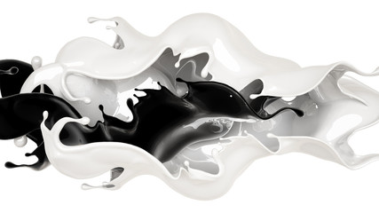 White and black liquid splash. 3d illustration, 3d rendering.