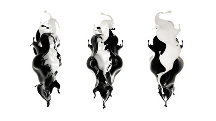 White and black liquid splash. 3d illustration, 3d rendering.