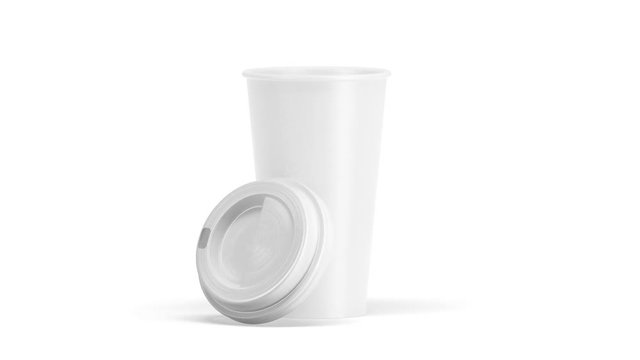 Blank white disposable opened large cup mock up, isolated, looped rotation, clipping mask, 3d rendering. Empty polystyrene coffee drinking mug mockup front view. Clear plain tea take away turning.