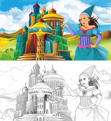 Cartoon scene with princess sorceress near some castle - with coloring page - illustration for children