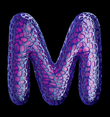 Purple plastic letter M with abstract holes. 3d