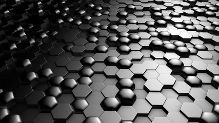 Silver black metallic background with hexagons. 3d illustration, 3d rendering.