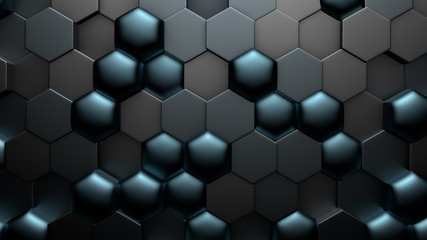 Blue black metallic background with hexagons. 3d illustration, 3d rendering.