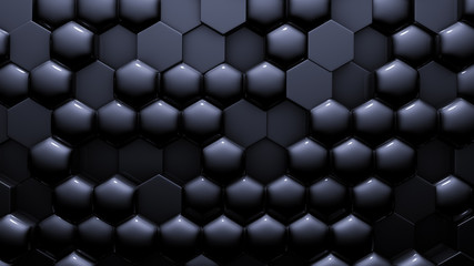 Blue black metallic background with hexagons. 3d illustration, 3d rendering.