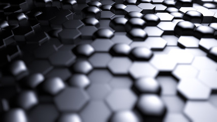 Blue black metallic background with hexagons. 3d illustration, 3d rendering.