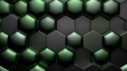 Green black metallic background with hexagons. 3d illustration, 3d rendering.