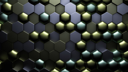 Green black metallic background with hexagons. 3d illustration, 3d rendering.