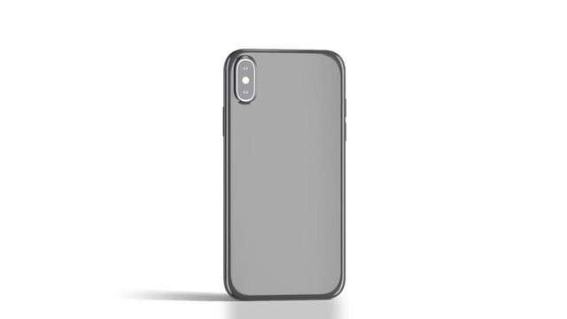 Blank black phone with glossy case rotation, isolated, 3d rendering. Empty smartphone in satined cover half-turning, back side view