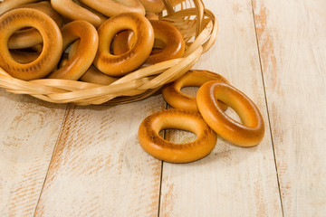 image of bagels on wooden table close-up