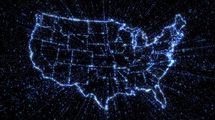 Świecąca cyfrowa mapa USA z eksplodującymi danymi binarnymi - 220971786