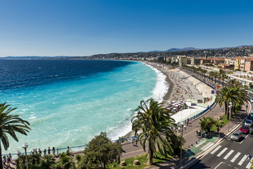 A view of the Promenade des Anglais in Nice, France taken from the park Colline du Chateau which offers amazing views of the city.