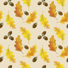 Oak autumn leaves and fruits pattern. Watercolor hand drawn painting illustration, isolated