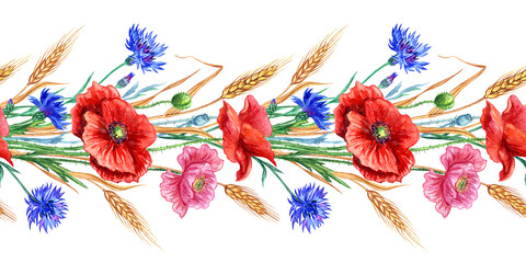 Panele Szklane Podświetlane  Seamless border of poppies, cornflowers and wheat, watercolor illustration.