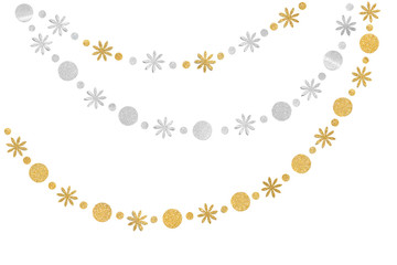 Gold and silver glitter bunting paper cut on white background - isolated