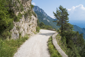Dirt road in the mountains on a sunny day. Ancient military road in the Italian Alps in the woods above Lake Garda.