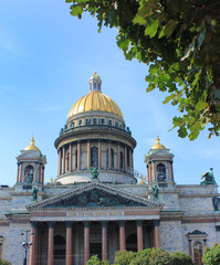 Saint Isaac's Cathedral Scenic View in Saint Petersburg City, Russia. Church Architecture Building Close Up View, Panoramic Summer Cityscape with Saint Isaac Cathedral Famous Sightseeing Destination