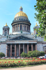 Saint Isaac's Cathedral Scenic View in Saint Petersburg City, Russia. Church Architecture Building Close Up View, Panoramic Summer Cityscape with Saint Isaac Cathedral Famous Sightseeing Destination