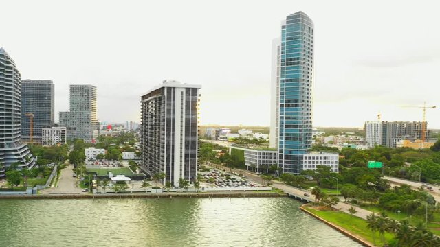 Aerial video Miami Beach highrise condos on Biscayne Bay