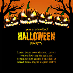 Halloween party invitation template. scary face pumpkins with orange background