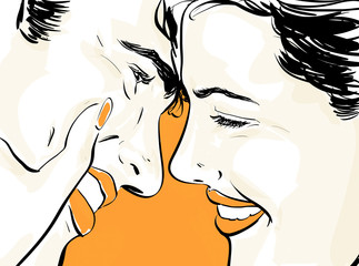 couple amour heureux , dessin 2,3 couleurs en vectoriel (main levée) - 220979104
