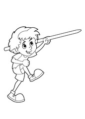 Cartoon child training - throwing spear - isolated - vector coloring page - illustration for the children