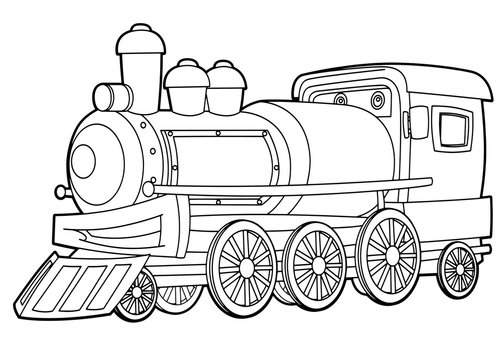 Cartoon funny looking steam train - vector coloring page - isolated -  illustration for children Stock Vector | Adobe Stock