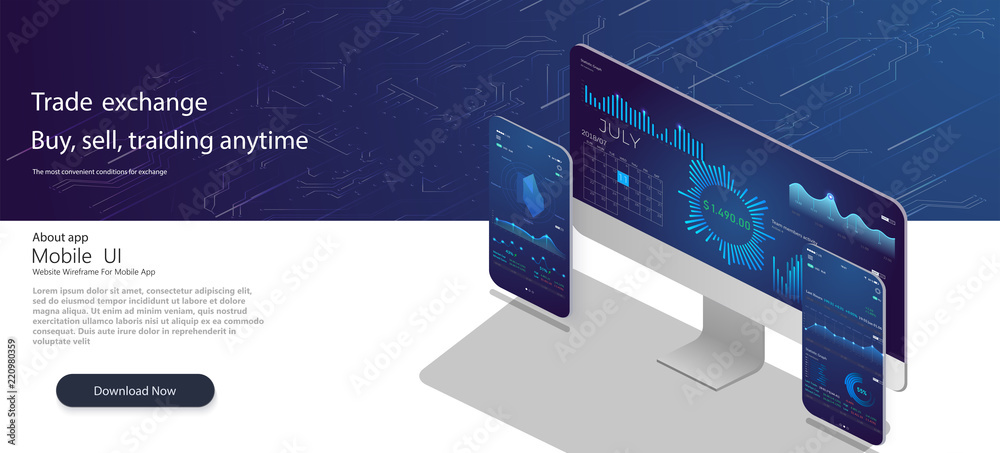 Poster web site template. forex market, news and analysis. binary option. application screen for trading. o