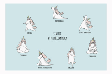 Hand drawn cute unicorn set in yoga pose
