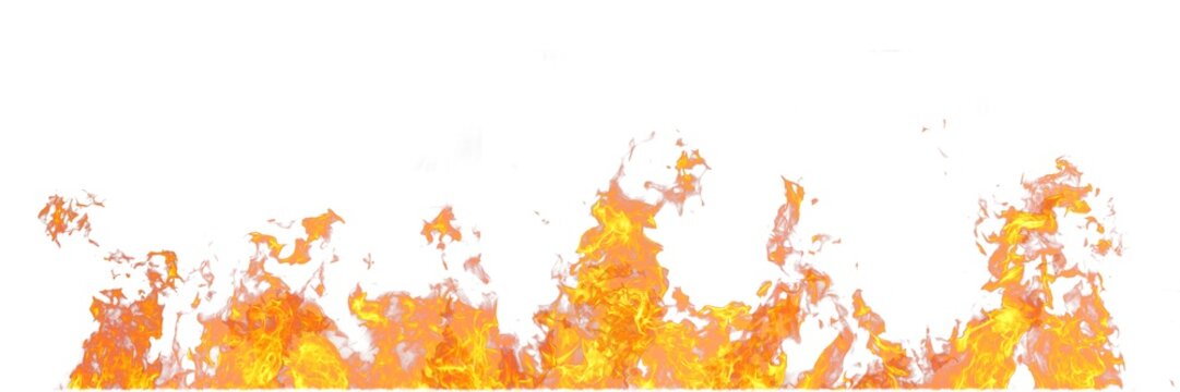 Real line of fire flames isolated on white background. Mockup on white of  wall of fire. Stock Photo