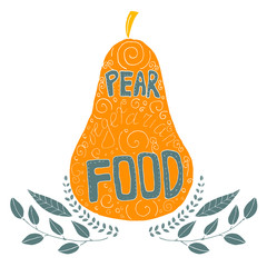 Orange hand drawn vector pear with text inside of it. Colorful cartoon pear isolated on a transparent background.